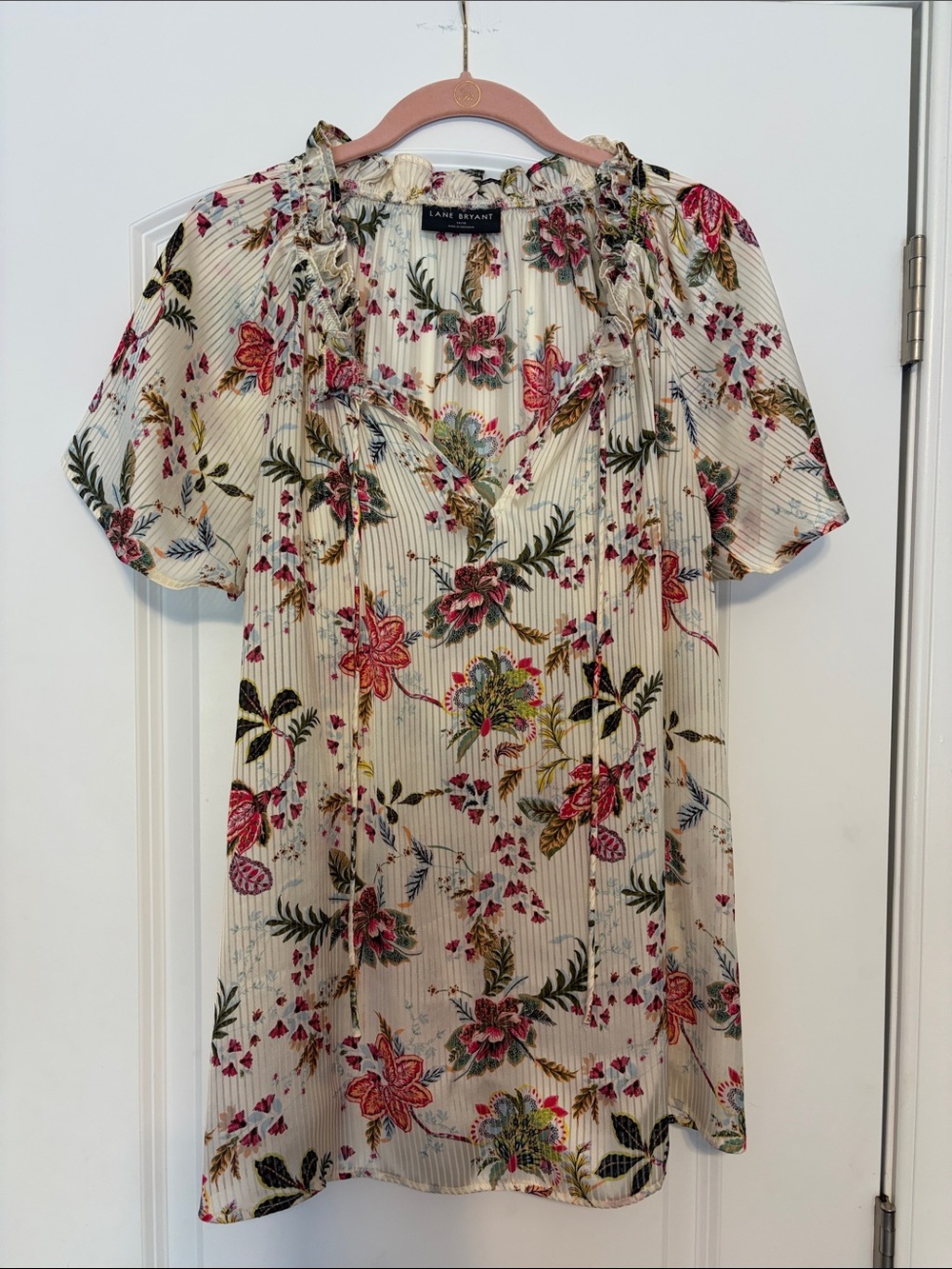 Lane Bryant Cream Floral Ruffle-Trim Blouse